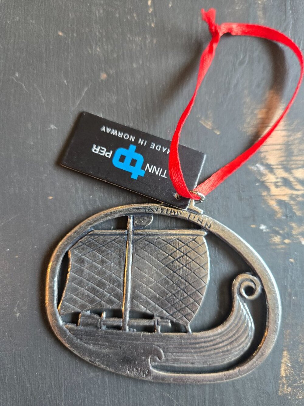 Pewter Norway Viking Ship Ornament with Red Ribbon